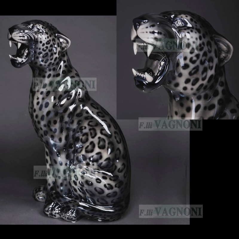 STATUA LEOPARDO GRIGIO IN CERAMICA CON SWAROSKY CM 86 -ANIMALI